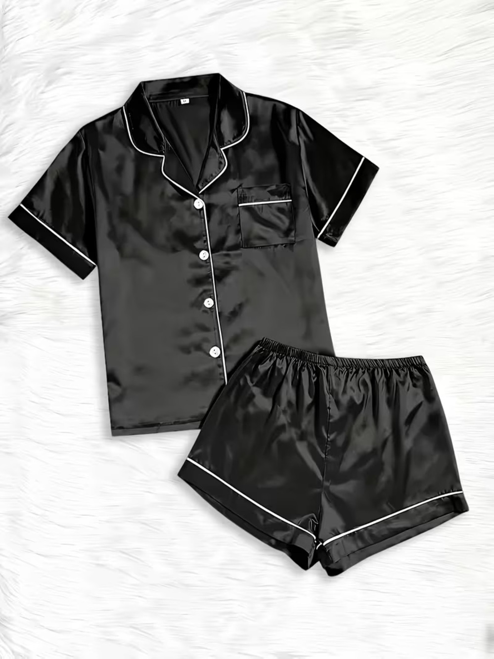 Silky Black Short Sleeve Pajama Set with White Piping Sz med fit like XS